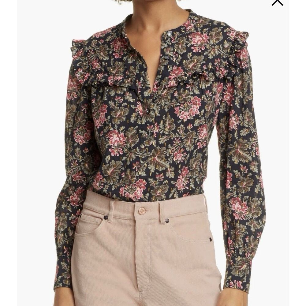 La Vie Rebecca Taylor Chouette Floral Metallic Blouse Top Long Sleeve Women M